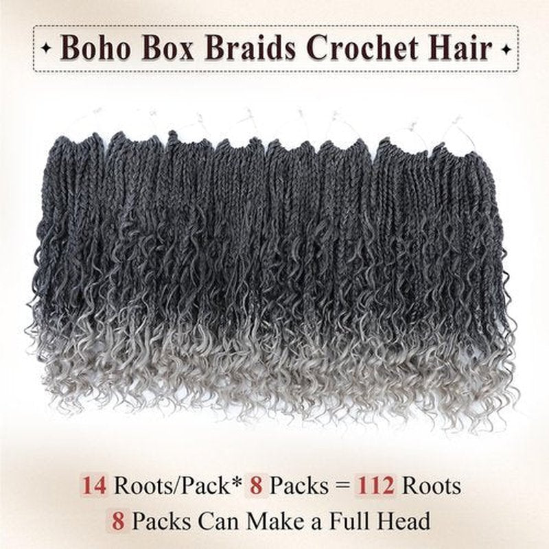 Boho Box Braids Crochet Hair 8 Packs Boho Crochet Braids Pre Looped 1B/Silver Goddess Box Braids Crochet Hair for Black Women 14 Inch Boho Braids Crochet Hair Extension