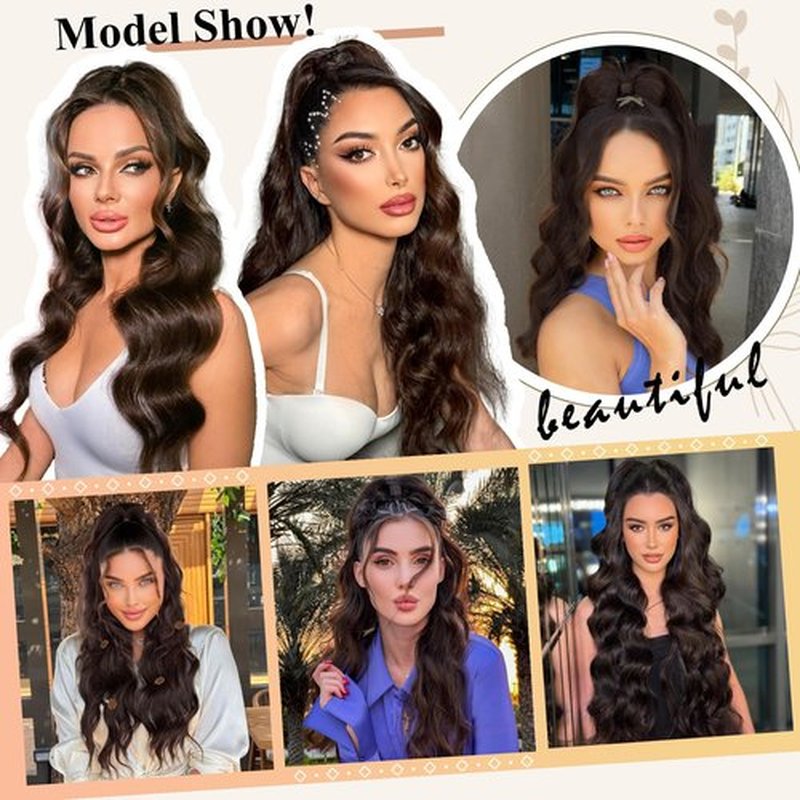 FREEMEIGE Ponytail Extension, 26 Inch Long Wavy Drawstring Ponytail for Women Dark Brown Pony Tail Hair Extension Synthetic Ponytail Hairpiece for Daily Use
