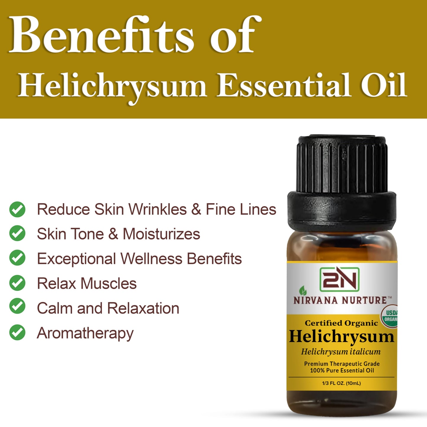 Nirvana Nurture Helichrysum Essential Oil, USDA Certified Organic, 100% Pure Undiluted, Aromatherapy Oil for Diffuser, Hair & Skin Care