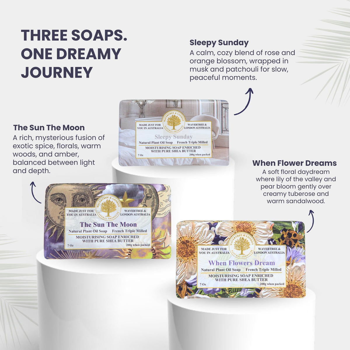Wavertree & London Dreams Bar Soap Gift Set, 3 Pack Australian Triple Milled Natural Bar Soap with Organic Shea Butter & Essential Oils, Moisturizing Plant-Based Bath & Body Soap Bars for Women & Men