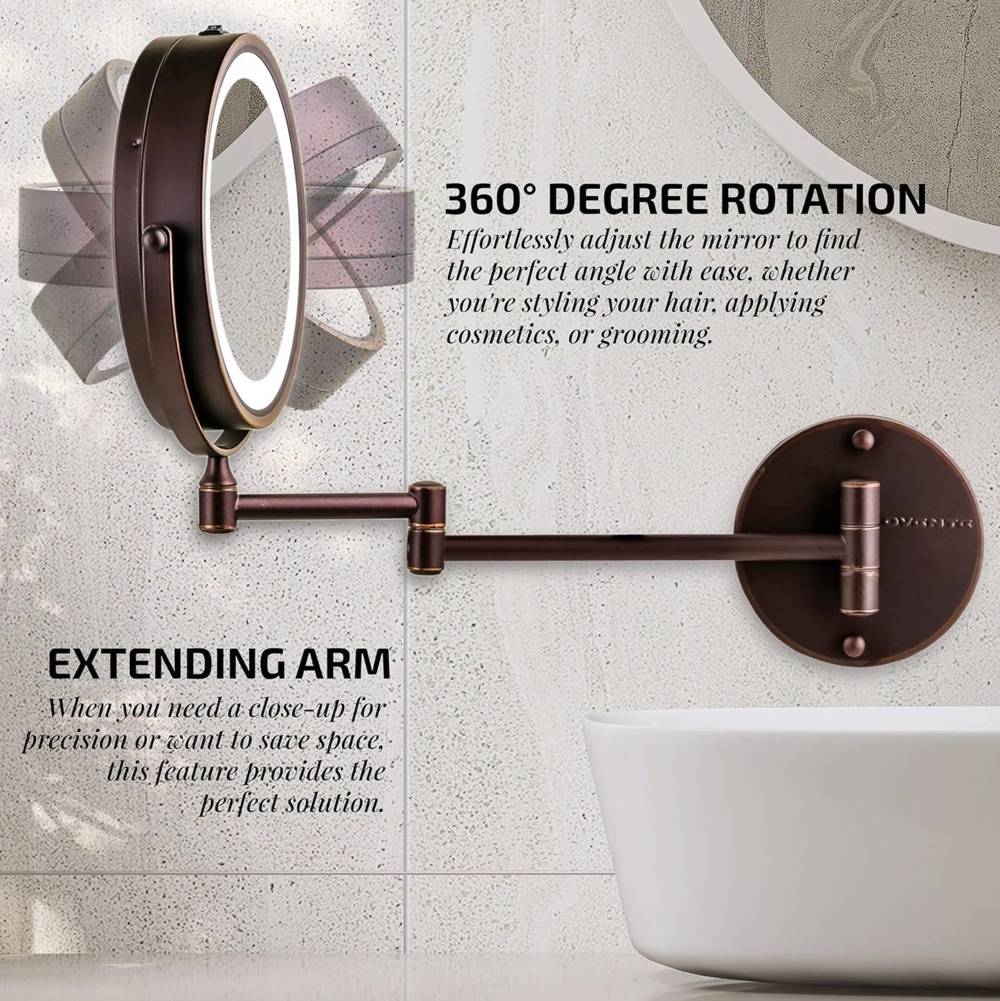 OVENTE 7" Lighted Wall Mount Makeup Mirror with 1X/10X Magnification, Cordless Double Sided Magnifying Round Vanity Mirror, 360° Swivel Design, Extendable and Folding Arm, Antique Bronze MFW70ABZ1X10X