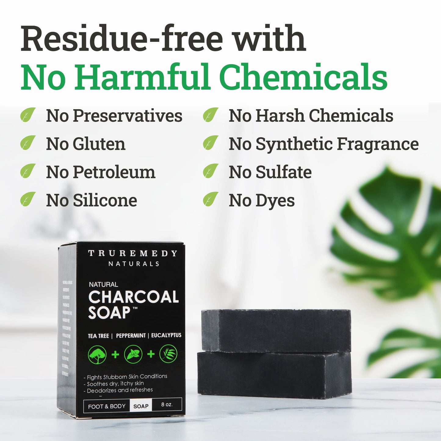 Truremedy Naturals Natural Activated Charcoal Soap Bar (2-Pack) - Hand, Foot & Body Soap - Tea Tree, Peppermint & Charcoal Soap - Vegan, Cruelty Free - Made In USA - 8 Oz