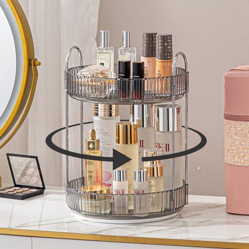 shuang qing Rotating Makeup Organizer for Vanity 2 Tier, High-Capacity Skincare Clear Make Up Storage Perfume Organizers Cosmetic Dresser Organizer Countertop 360 Spinning （Grey）