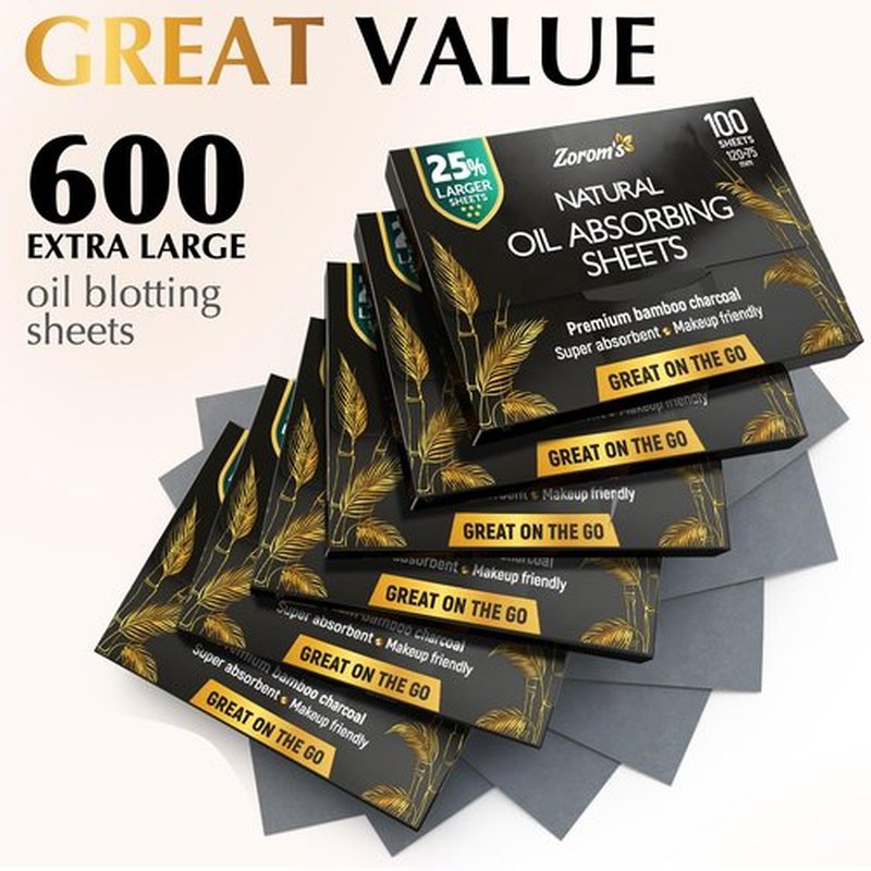 Natural Oil Blotting Sheets for Face with Bamboo Charcoal - 25% Larger - 6pk/600 Makeup Friendly Blotting Papers for Face - Easy Dispensing Oil Absorbing Sheets for Face
