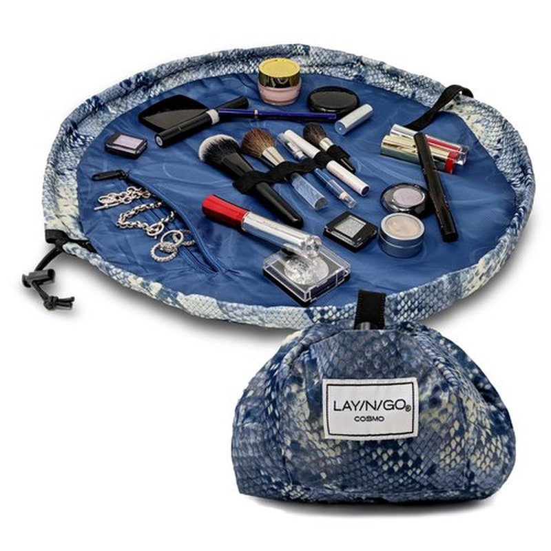 Lay-n-Go Cosmo Drawstring Cosmetic & Makeup Bag Organizer - Portable Drawstring Makeup Bag w/Zipper Pocket, Makeup Loops & More - Durable, Machine Washable Makeup Bag for Travel (20”, Blue Snakeskin)