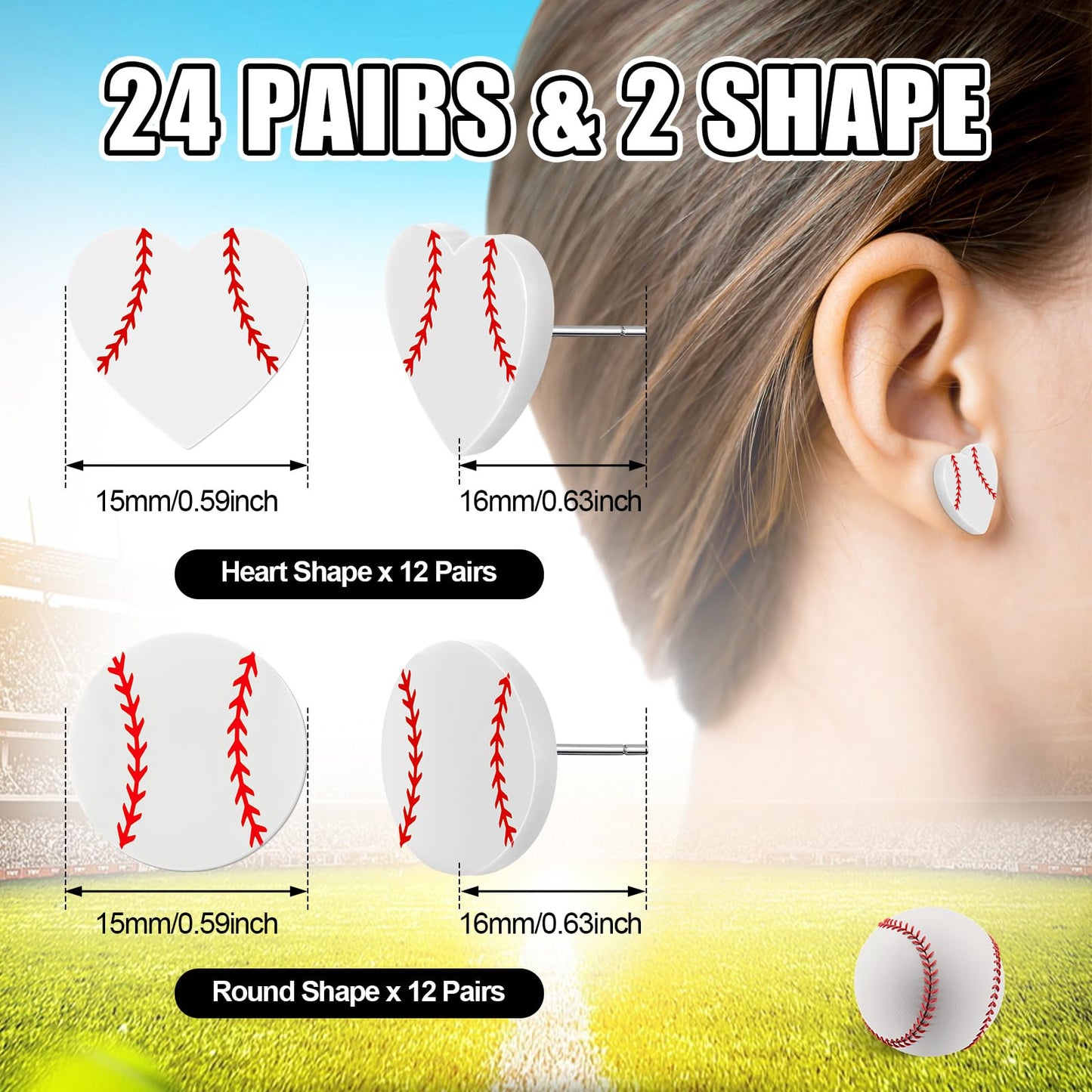 Quelay 24 Set Sports Earrings for Women Senior Night 2026 Graduation Baseball Softball Team Gifts Bulk Stud Earring with Card(Baseball)