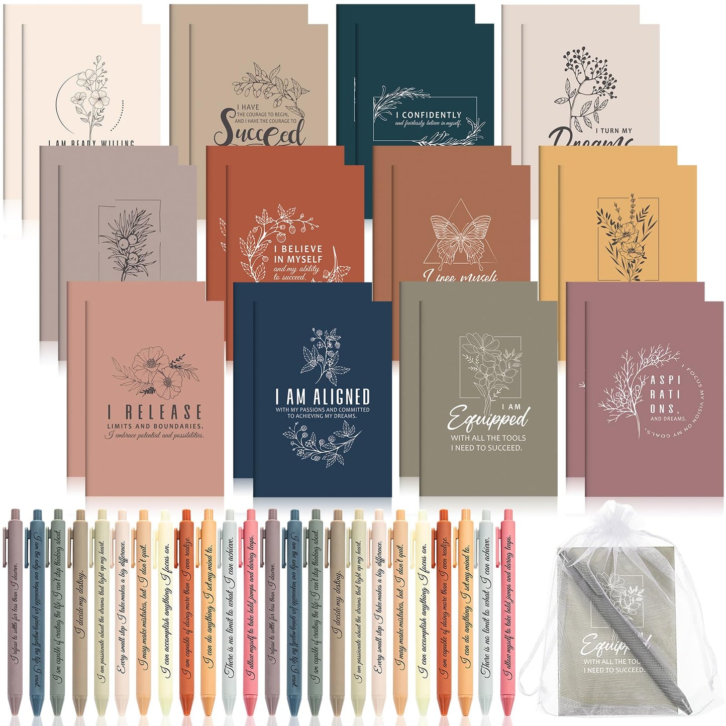 Mooliwe 24 Pcs Positive Affirmation Gift Set Gratitude Notebooks with Pens Small Bags Motivational Encouragement Notepads Daily Affirmations Journal for Women Stress Relief Self Care (Simple)