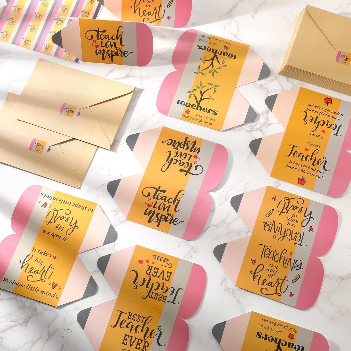 Spakon 24 Sets Teacher Appreciation Gifts Teacher Thank You Cards Bulk with Envelope and Sticker Pencil Shape Cards Inspirational Thank You Note End of School Year Gifts, 6 Styles
