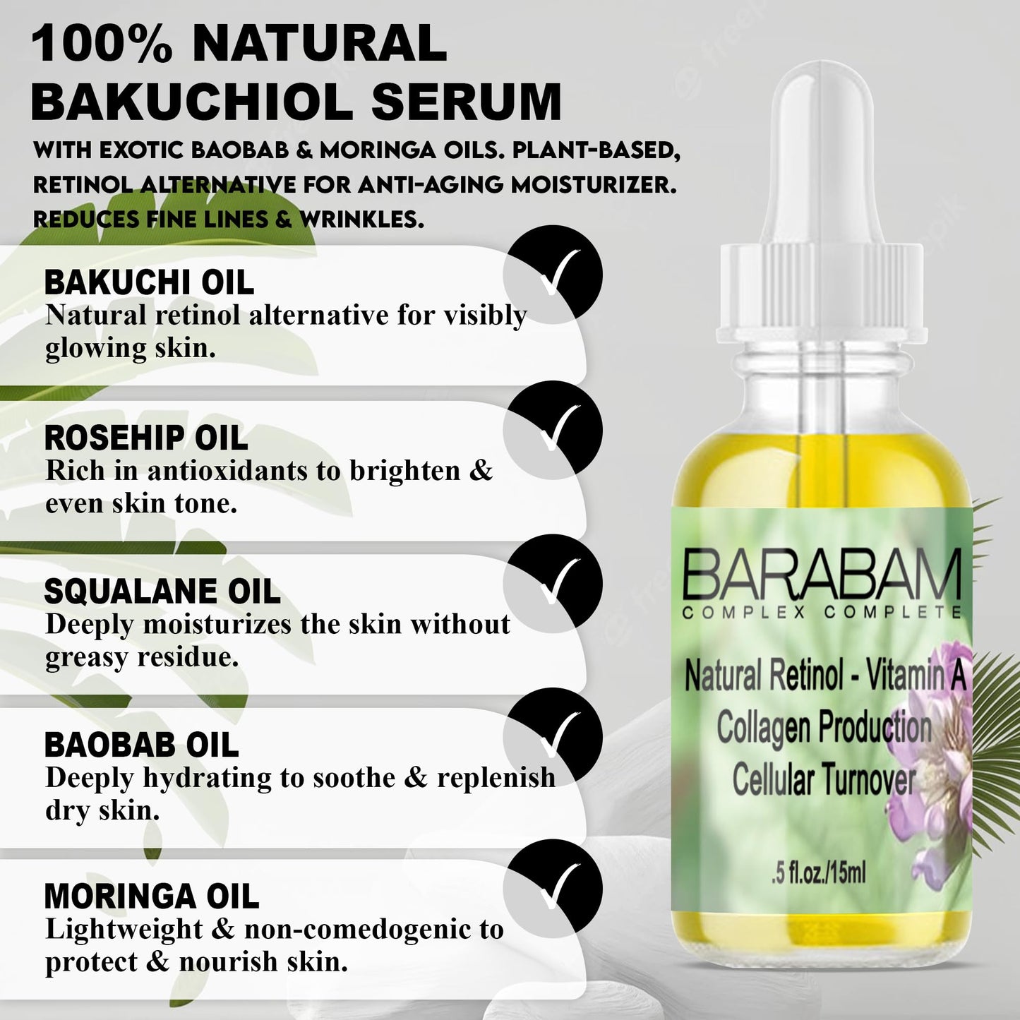 100% Natural Bakuchiol Serum with EXOTIC Baobab & Moringa Oils. Plant-based, Retinol Alternative for Anti-aging Moisturizer. Reduces Fine Lines & Wrinkles. Pregnancy Safe. Safe for Sensitive Skin.