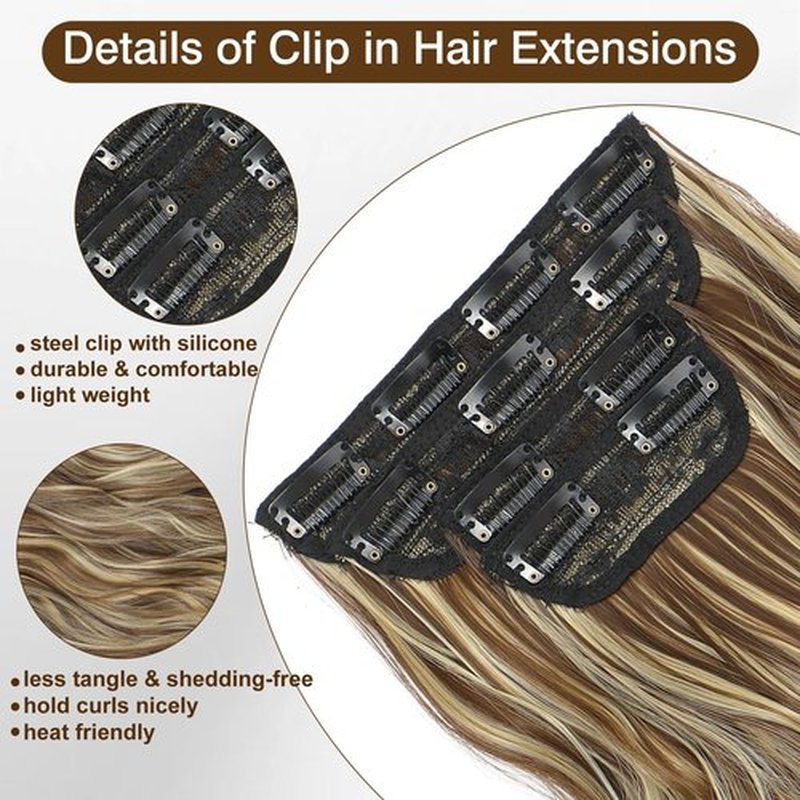 Clip In Hair Extensions Long Wavy Hair Extensions 4PCS Medium Brown Highlighted Blonde Clip Ins for Women Thick & Full Head Synthetic Hairpieces