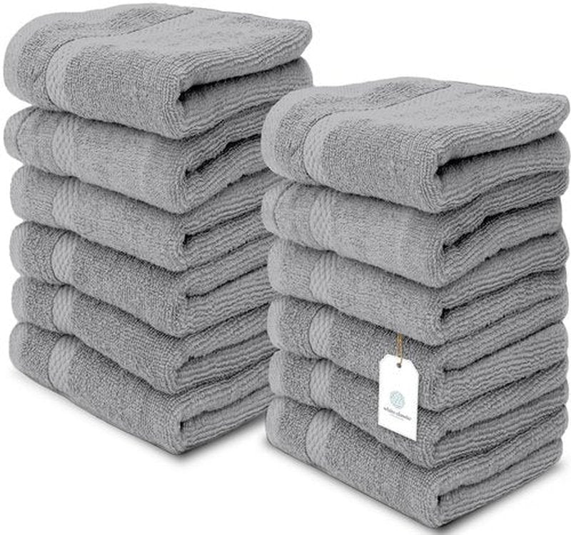 White Classic Light Grey Luxury Cotton Washcloths 12 Pc Set - Large 13x13 Inches Hotel Style Face Towel, High Absorbent Quick Dry Wash Cloths for Home, Spa, Gym, Light Grey, 12 Pack