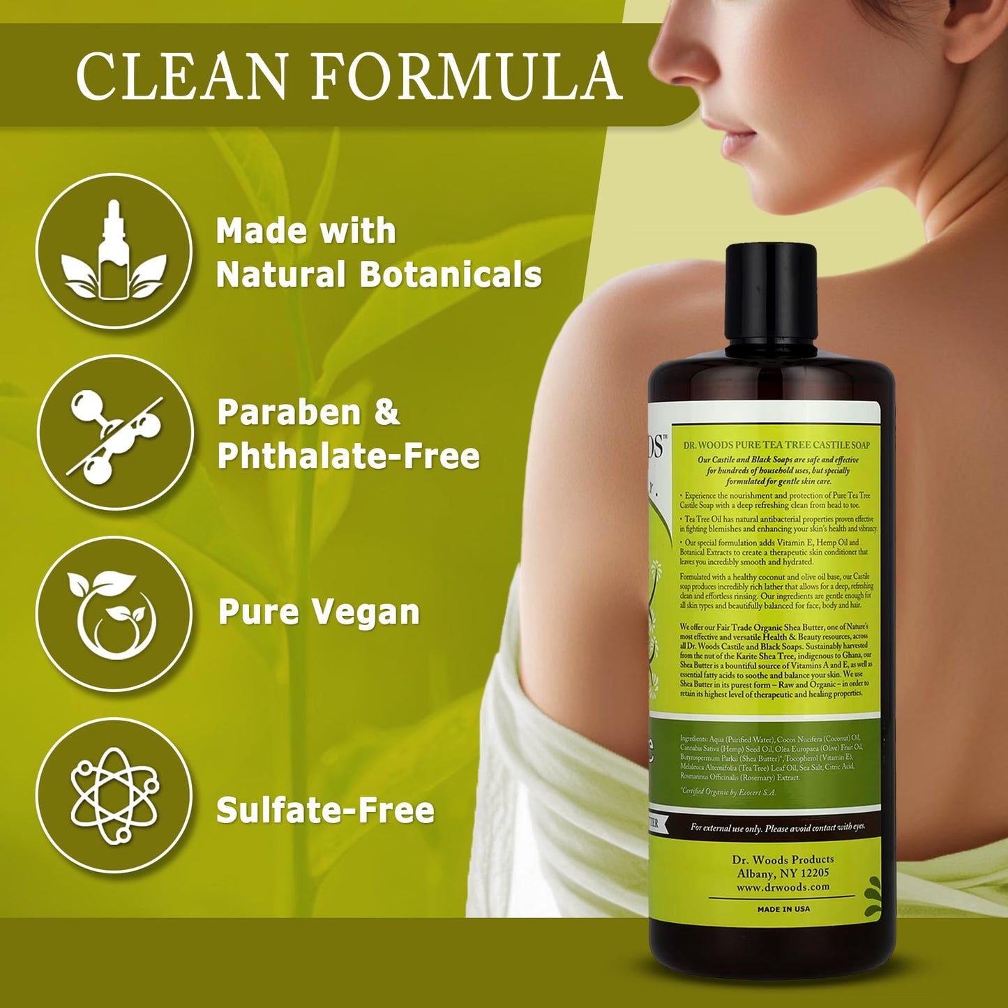 Dr. Woods Tea Tree Liquid Castile Soap - Castile Soap with Pure Tea Tree Oil, Body Wash for Men and Women, Organic Shea Butter, Natural Cleaner for Face, Hands, and Body - 32 Fl Oz, Pack of 2