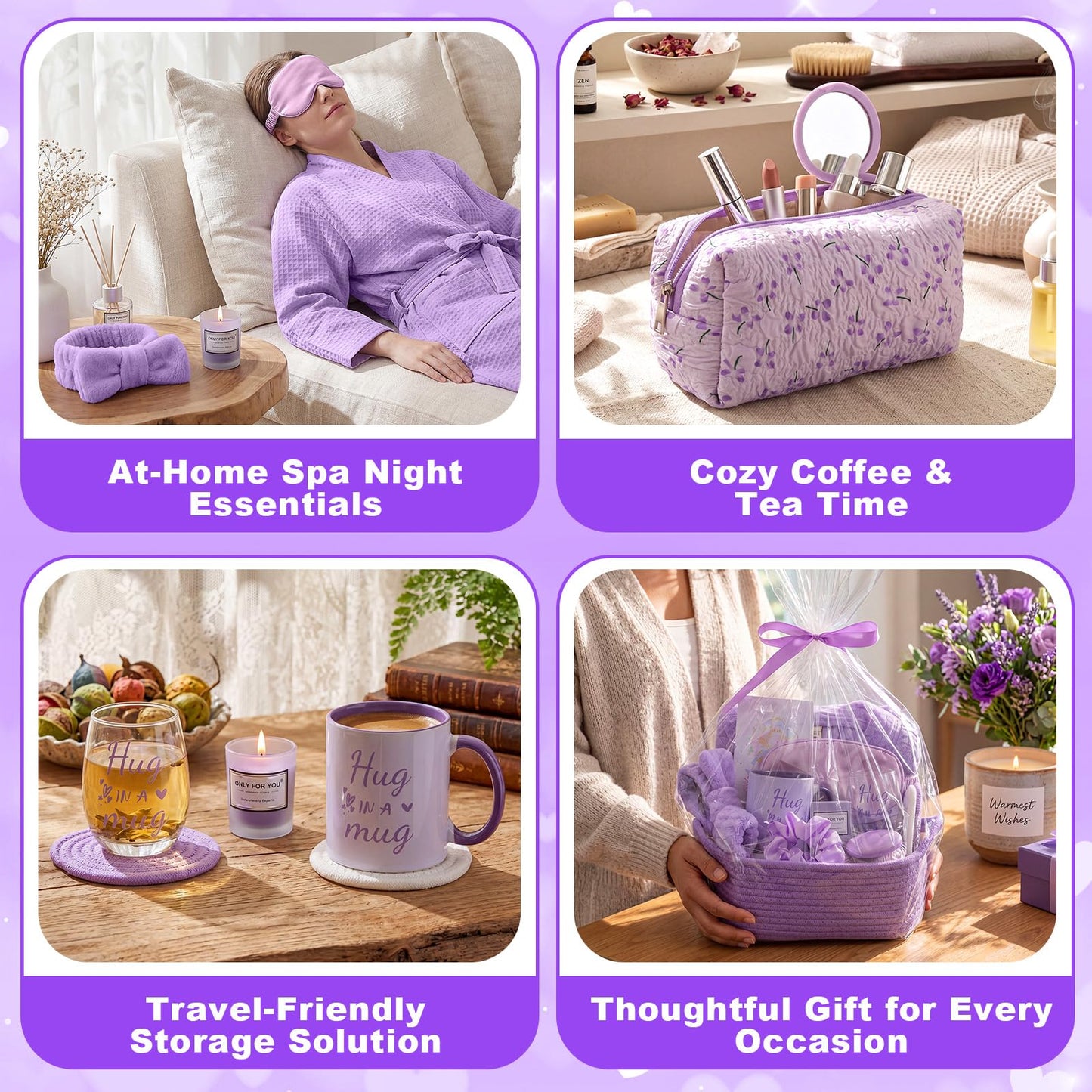 Afarnook 13 Pcs Birthday and Get Well Soon Gifts for Women Self Care Gifts Basket Spa Care Package with Robe Scented Candle for Her Mom Nurse Mother's Day(Purple)