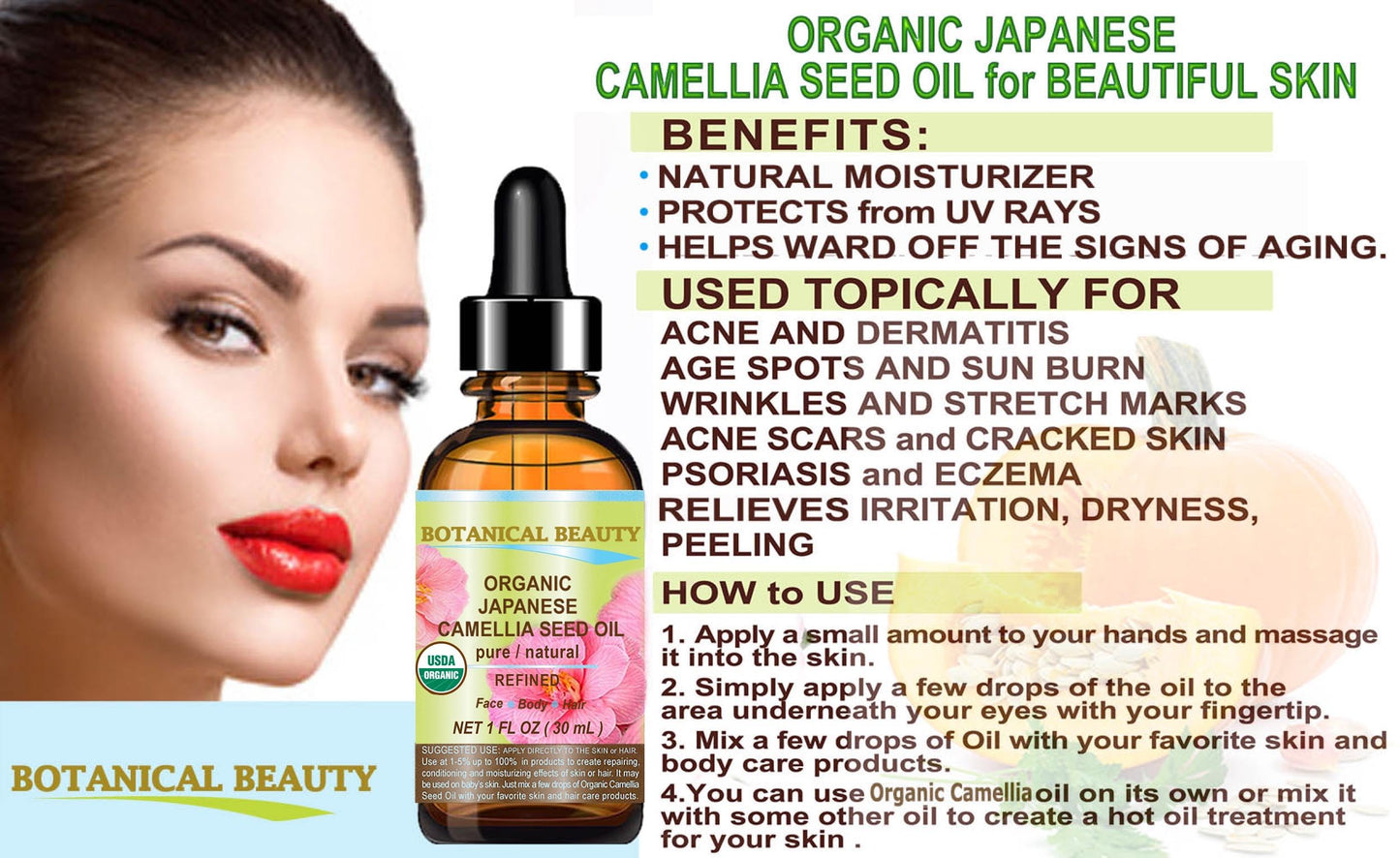 Botanical Beauty Japanese ORGANIC CAMELLIA Seed Oil. 100% Pure Natural Undiluted Refined Cold Pressed Carrier Oil to revitalize and rejuvenate the hair, skin and nails. 0.5 Fl. oz 15 ml