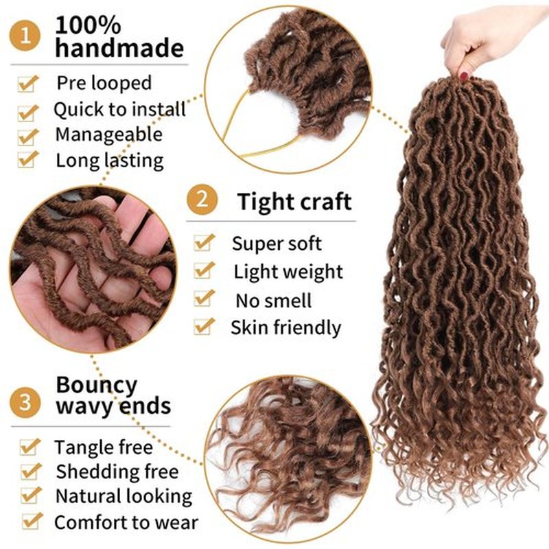 Brown Locs Crochet Hair 18 Inch 6 Packs Color 30 Goddess Locs Crochet Hair Pre Looped Faux Locs with Curly Ends Goddess Faux Loc Hair(18 Inch,6 Packs,30#)
