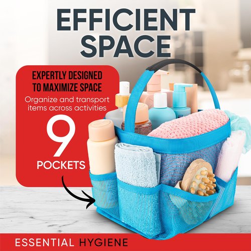 Masirs Mesh Shower Caddy Bag - Collapsible, Portable Bathroom Organizer for Travel, Gym, and Dorm Use. Easily Carry and Organize College Dorm, Bathroom Toiletry Essentials. (Blue)