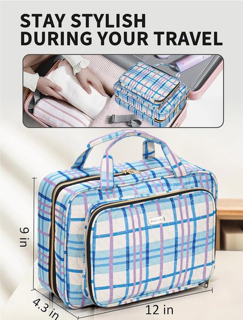 BALULHG Toiletry Bag Travel with Hanging Hook, Water-resistant Cosmetic Makeup Bag Organizer for Shampoo, Full Sized Container, Toiletries，Plaid-blue-L