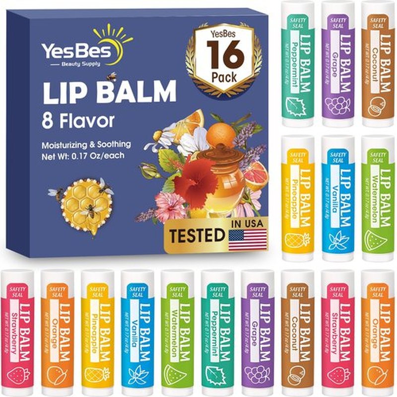 YesBes 16 Pack Lip Balm, Natural Lip Balm Bulk with Vitamin E and Coconut Oil, Moisturizing Lip Balm for Dry Cracked Lips, Lip Balm for Stocking Stuffers - 8 Flavors