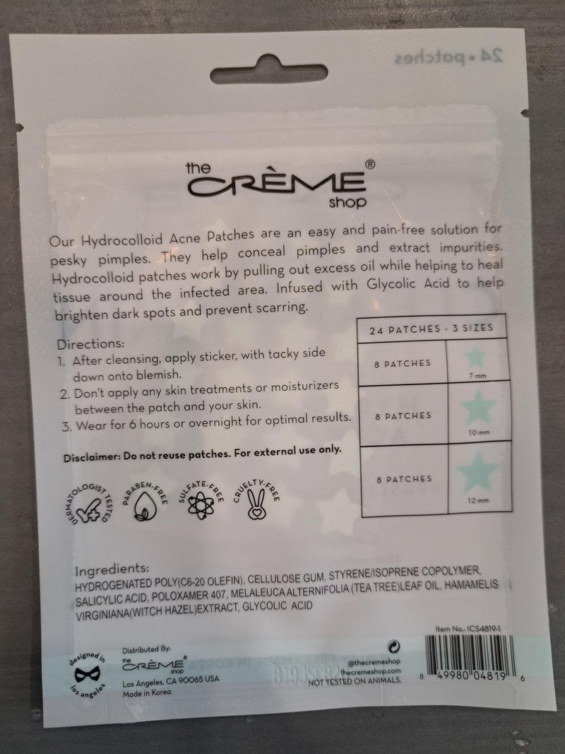 The Crème Shop Star Shape Clear Skin Hydrocolloid Dark Spot Acne Patches - Infused with Salicylic Acid + Witch Hazel | Adhesive patches that fight pesky pimples. (72 Patches / 3 Sizes)