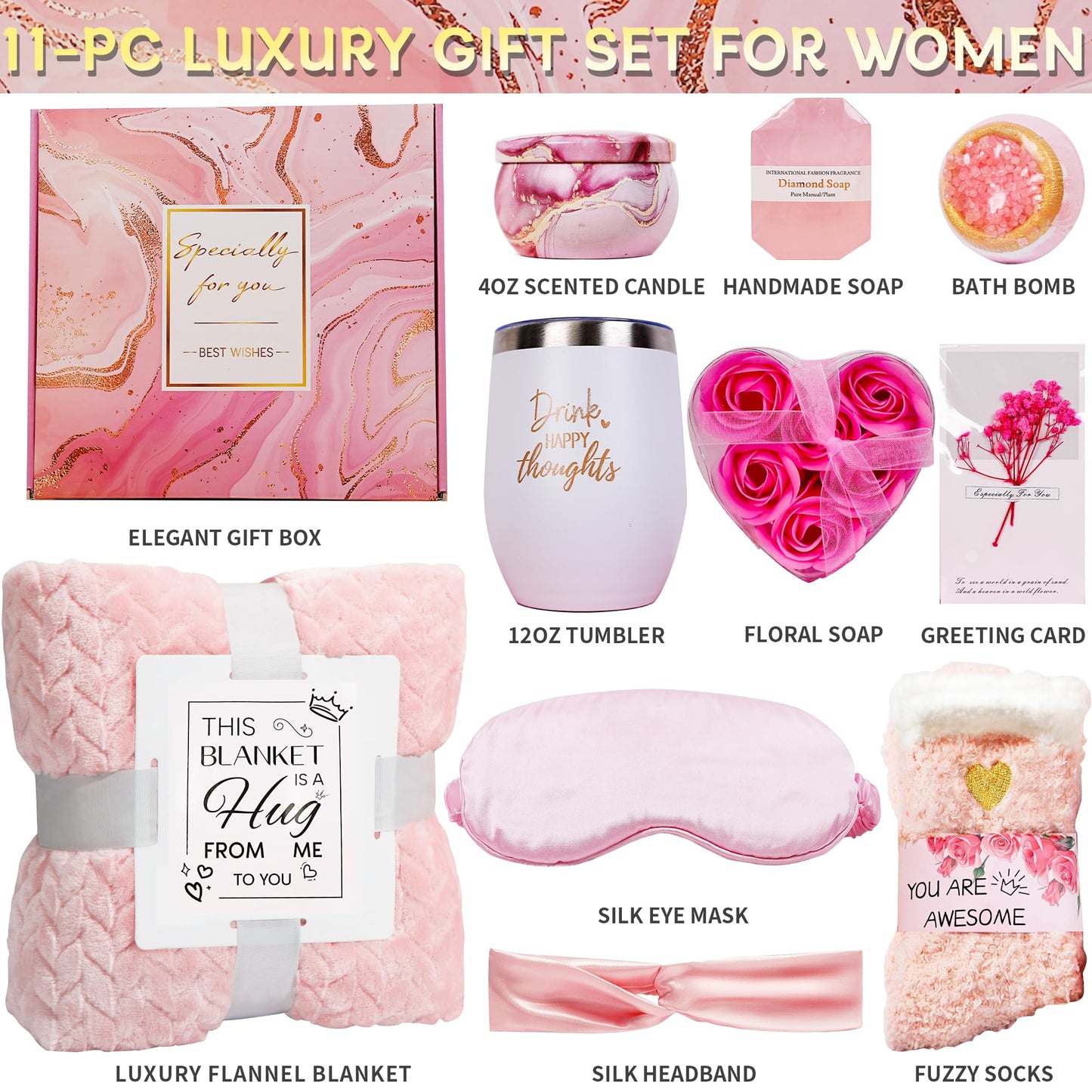 Birthday Gifts for Women, Gift Baskets for Women, Self Care & Get Well Soon Gifts, Rose Relaxing Spa Gift Baskets, Unique Gift Baskets for Mom Girlfriend Sister Wife Grandma