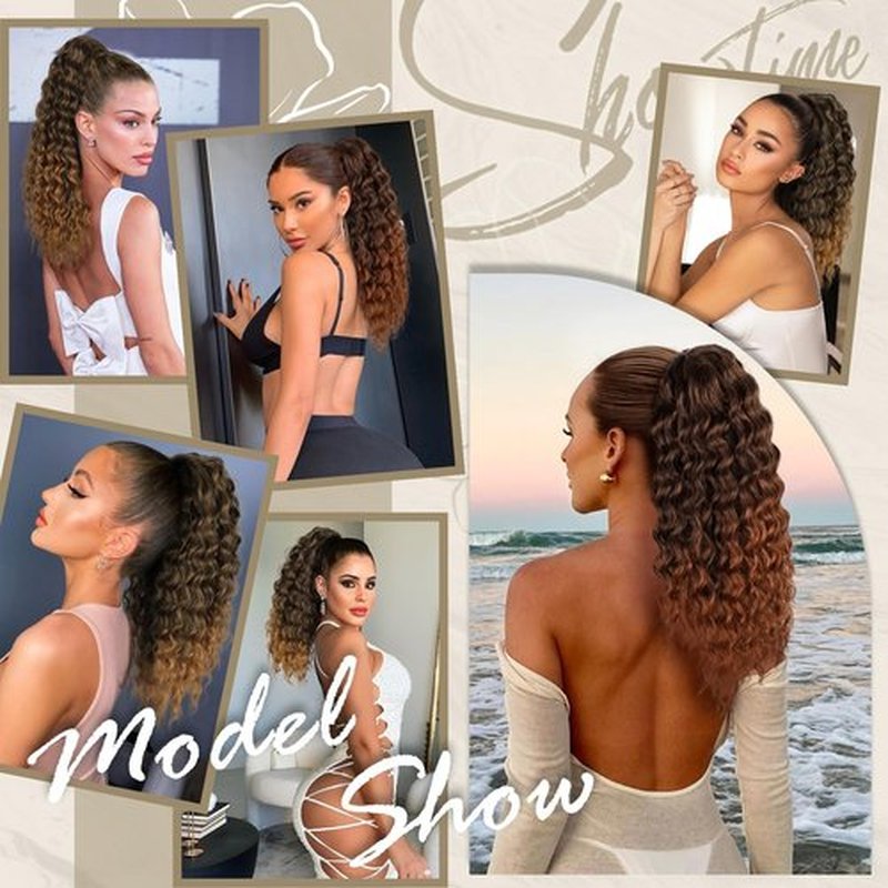 AISI BEAUTY Curly Ponytail Extension,Drawstring Ponytail Extension for Black Women Synthetic Curly Wavy 20 Inch Fake Clip in Ponytail Hair Extensions for Daily Use（T30