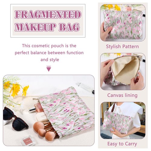ZLFSRQ Flower Makeup Bag Travel Cute Floral Cosmetic Bags for Women Large Makeup Pouch Zipper Cosmetic Pouch for Purse Aesthetic Embroidery Makeup Organizer Bag Portable Toiletry Bag(Green &Pink)