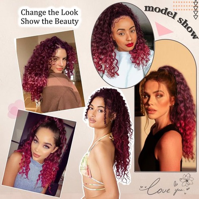 FREEMEIGE Red Ponytail Extension Curly Drawstring Ponytail Synthetic Wavy Pony Tails Hair Extensions Clip in Ponytails 20Inch Fluffy Hairpiece