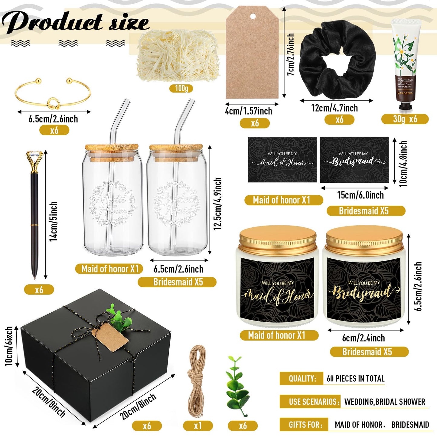 Teenyyou 60 Pcs Bridesmaid Proposal Gifts Bridesmaid Box Set, Maid of Honor Gifts Include Box Glass Cup Candle Cards Hair Ties Knotted Bracelets Hand Cream Diamond Pens(Black)