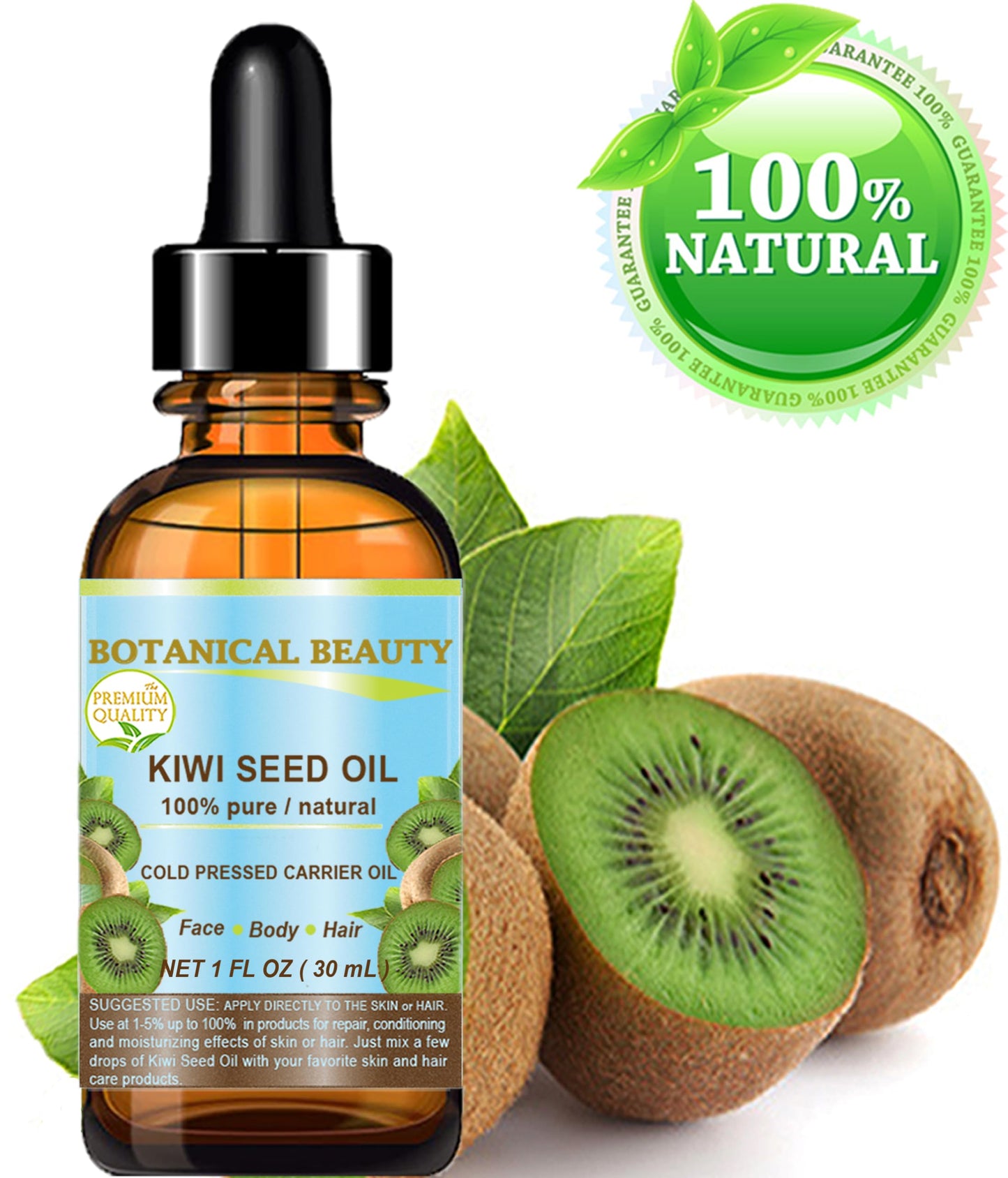 Botanical Beauty KIWI SEED OIL. 100% Pure Natural Undiluted Virgin Cold Pressed Carrier Oil for Face, Skin, Body, Hair, Nail Care (1 Fl Oz)