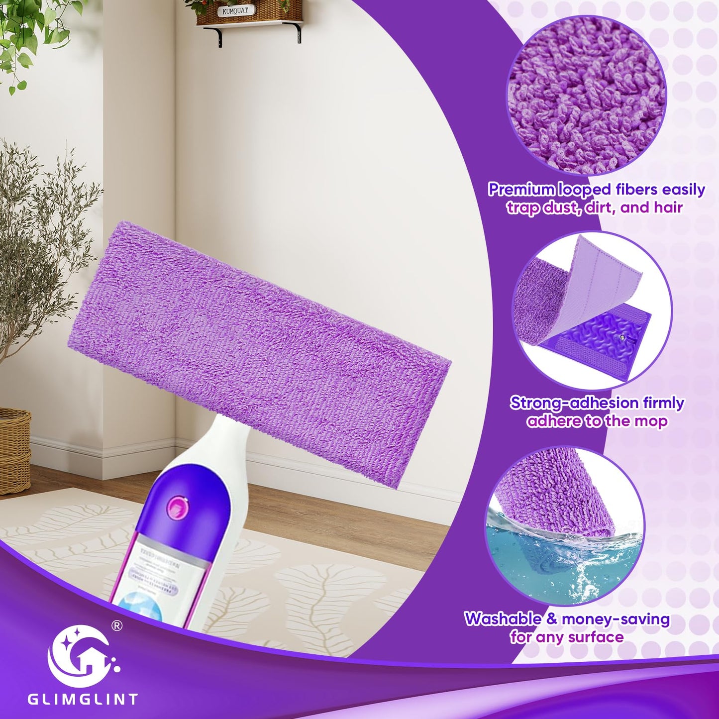 GLIMGLINT 16 Pack Reusable Microfiber Mop Pads Compatible with Swiffer PowerMop, 13 ''-15 '' Spray Mop- Washable Pads for Multi-Surface Floor Cleaning