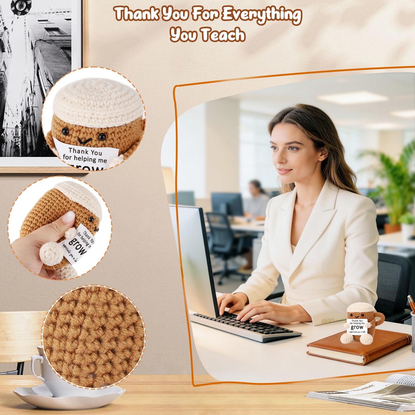 Mini Thank You Gifts for Women Men Boss Coworker Teacher Handmade Positive Crochet Coffee Appreciation Birthday Retirement Farewell Gifts for Mentor Team Leaders Supervisors Managers Work Bestie