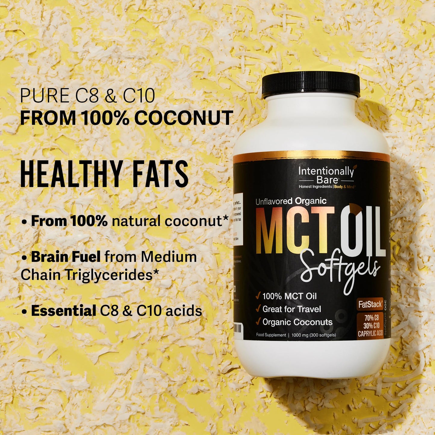Intentionally Bare Organic MCT Oil Capsules -70% C8 and 30% C10 MCT Supplement- Clean Energy, Brain Health, Mood & Focus -Coconut C8 Pills for Low Carb, Keto & Paleo & Great for Travel-300 Soft Gels