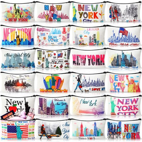 SilTriangle 24 Pieces Makeup Bags Bulk Canvas Cosmetic Bags Purse Organizer Zipper Cosmetic Pouch Portable Travel Toiletry Pouch for Women Men Gifts, 7 x 4 Inch (New York)