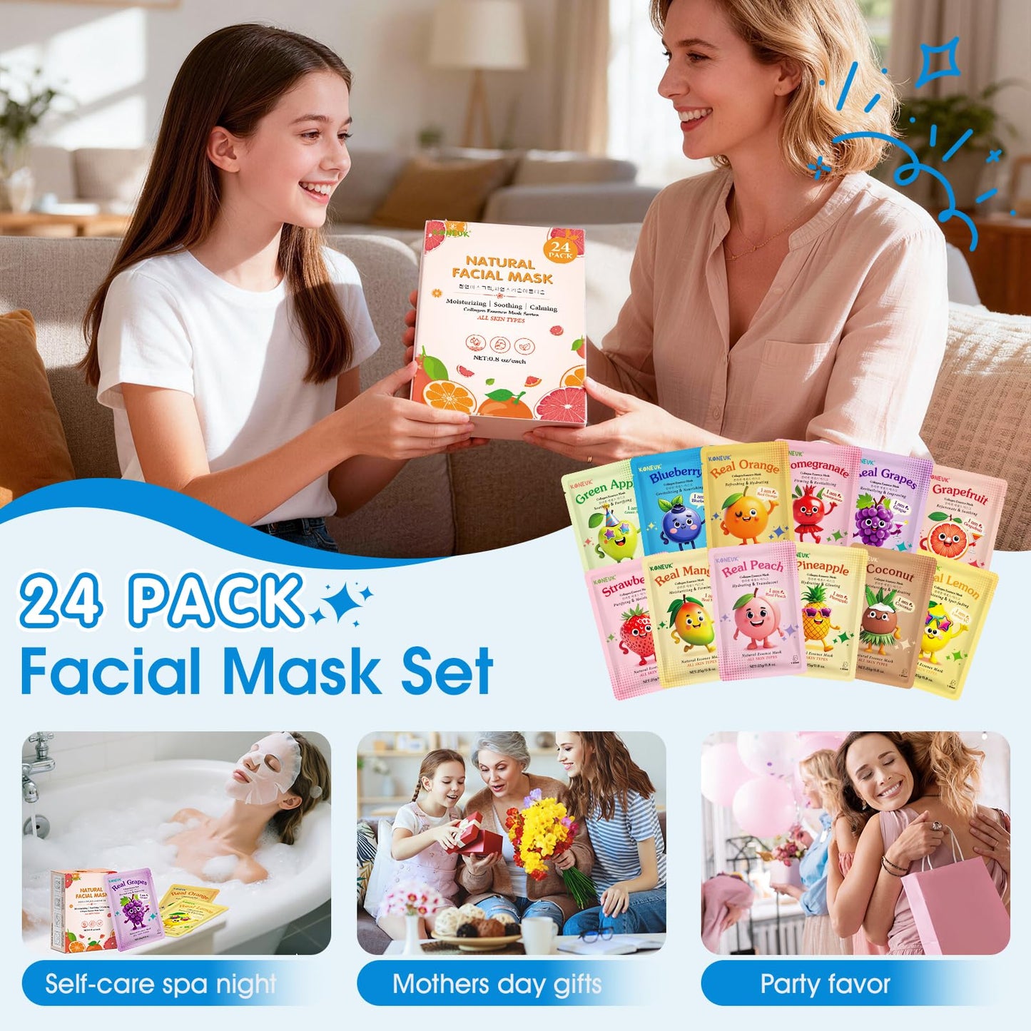 KONEUK 24 Pack Fruit Kids Face Mask, Collagen Hydrating Face Masks Skincare for Teens Girls, Skin Care for Kids, Spa Party Supplies and Bulk Birthday Gifts for Women, Sleepover Party Supplies