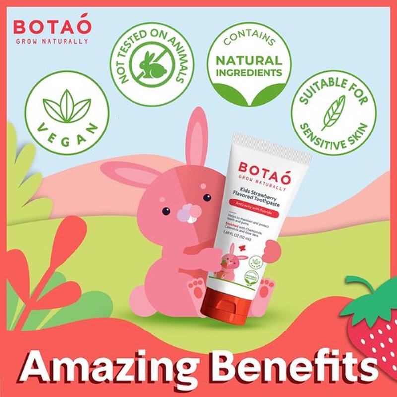 BOTAO Kids Toothpaste | Natural Strawberry Flavored Anticavity Fluoride Toothpaste Maximum Cavity Protection| EWG Verified, Vegan, SLS Free, Safe to Swallow, Aloe Vera (2Pack)