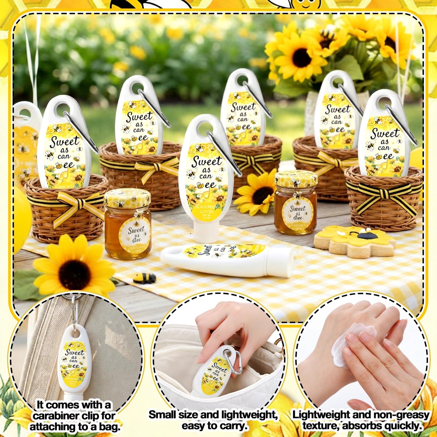 Leelosp 30 Pcs Sweet As Can Bee Baby Shower Sunscreen Favors Spf 30 with Carabiner, 1 Fl oz Travel Size Mini Sunscreen Bulk for Summer Outdoor Baby Shower Guests