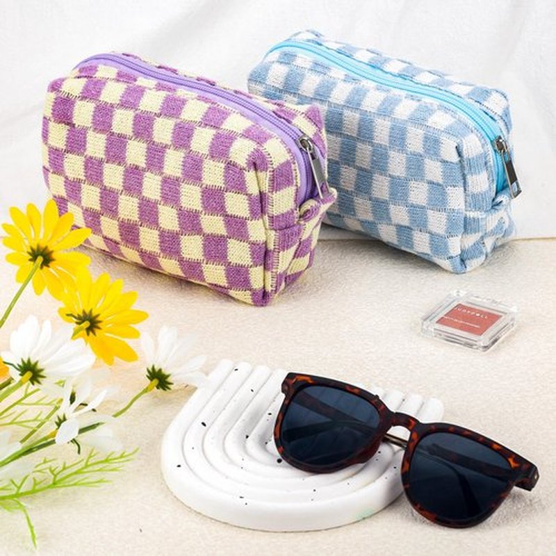 ZLFSRQ 2Pcs Checkered Makeup Bag for Women Travel Medium Small Cosmetic Bag Set Cute Blue Purple Makeup Pouch Purse Zippered Toiletry Bag Organizer Cute Y2K Trendy Aesthetic Makeup Brushes Storage Bag
