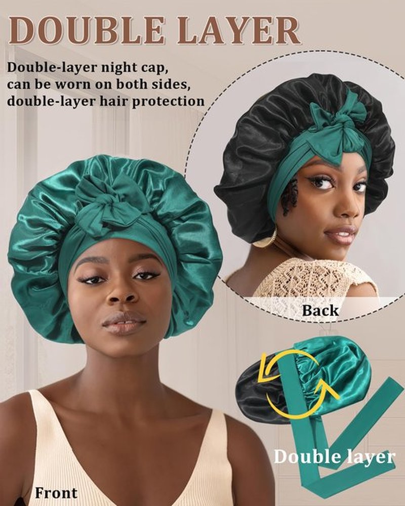 Reversible Satin Bonnet for Sleeping Women Silk Bonnet Double Layer Hair Bonnet with 2PCS Hair Scrunchies Elastic Tie Band Night Cap Hair Wrap for Natural Curly Hair (Dark Green+Black)