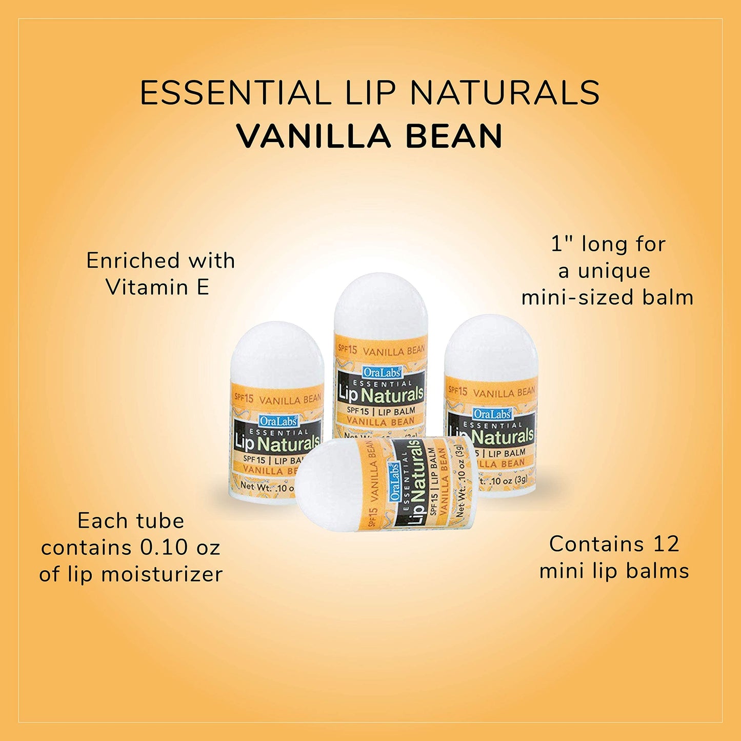 Lip Naturals® Mini Vanilla Lip Balm with Sunscreen (SPF-15) | Made in USA with Beeswax & Coconut Oil | 12-Count Pack with Vanilla Bean Flavor (0.10oz/3g Each)