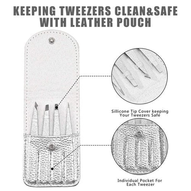 Amytor Eyebrow Tweezer Set, 4 Pcs Professional Stainless Steel Tweezers for Women, Precision Tweezer for Facial Hair, Splinter and Ingrown Hair Removal（Bright silver）