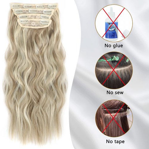 4PCS Curly Clip In Hair Extensions Dark Golden Mix Beige Blonde Synthetic 20inch long Wavy Clip in Hair Extensions Double Weft Long Thick Hairpieces Full Head For Women (20INCH, 18H613)