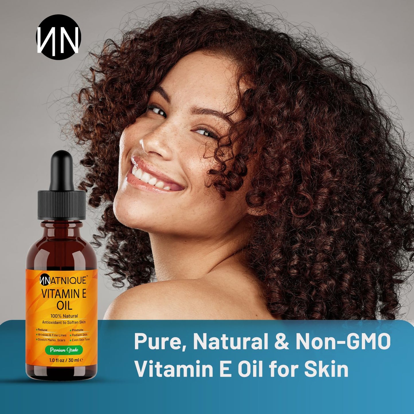 Natnique Vitamin E Oil 1 oz – Natural D-Alpha Tocopherol for Face, Skin, Hair & Nails – Pure, Non-GMO Moisturizer for Scars, Stretch Marks & Dry Skin – Cold-Pressed Carrier Oil for Body & Beauty Care