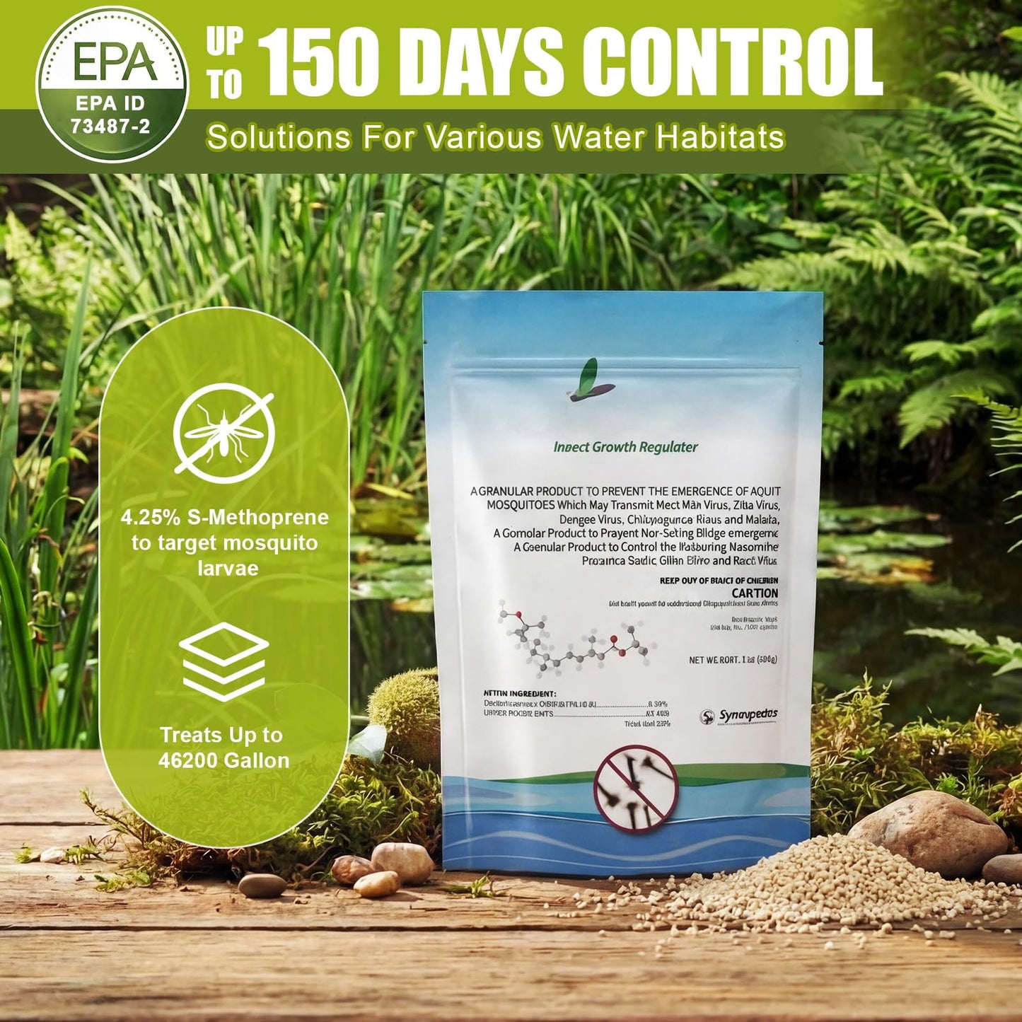 OmniPrene Mosquito Larvae Pouches Dissolves in Water with Measuring Spoon Treats Up to 46200 Gallon 4.25% S-Methoprene IGR Biological Control Won't Harm Fish Bird EPA Certified Rain Bath Pool 350g