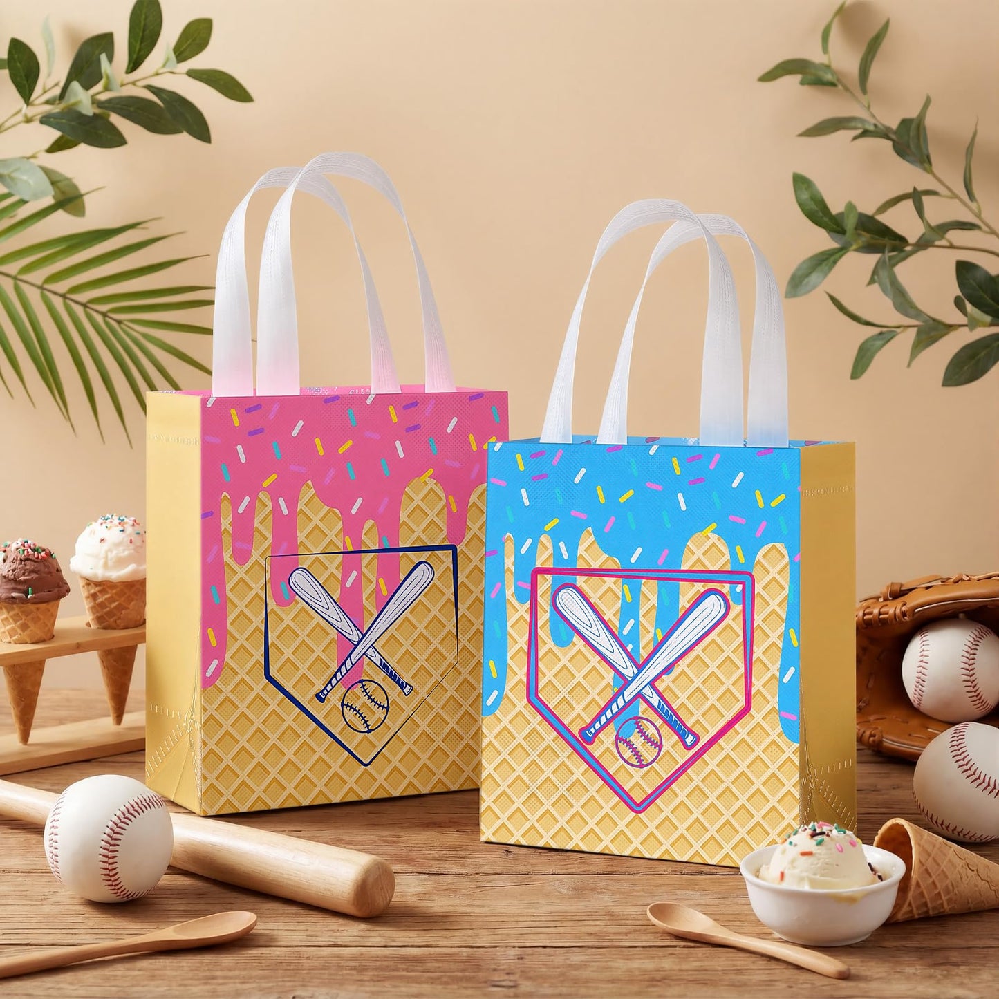 AmazingSpark 24 Pcs Non Woven Baseball Drip Gift Bags with Handles Ice Cream Baseball Drip Birthday Snack Goodie Treat Bag for Team Gift Sport Theme Decor Camping Party Favor