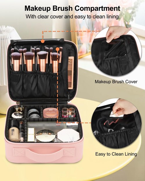 Relavel Travel Makeup Train Case Makeup Cosmetic Case Organizer Portable Artist Storage Bag with Adjustable Dividers for Cosmetics Makeup Brushes Toiletry Jewelry Digital Accessories (Pink)