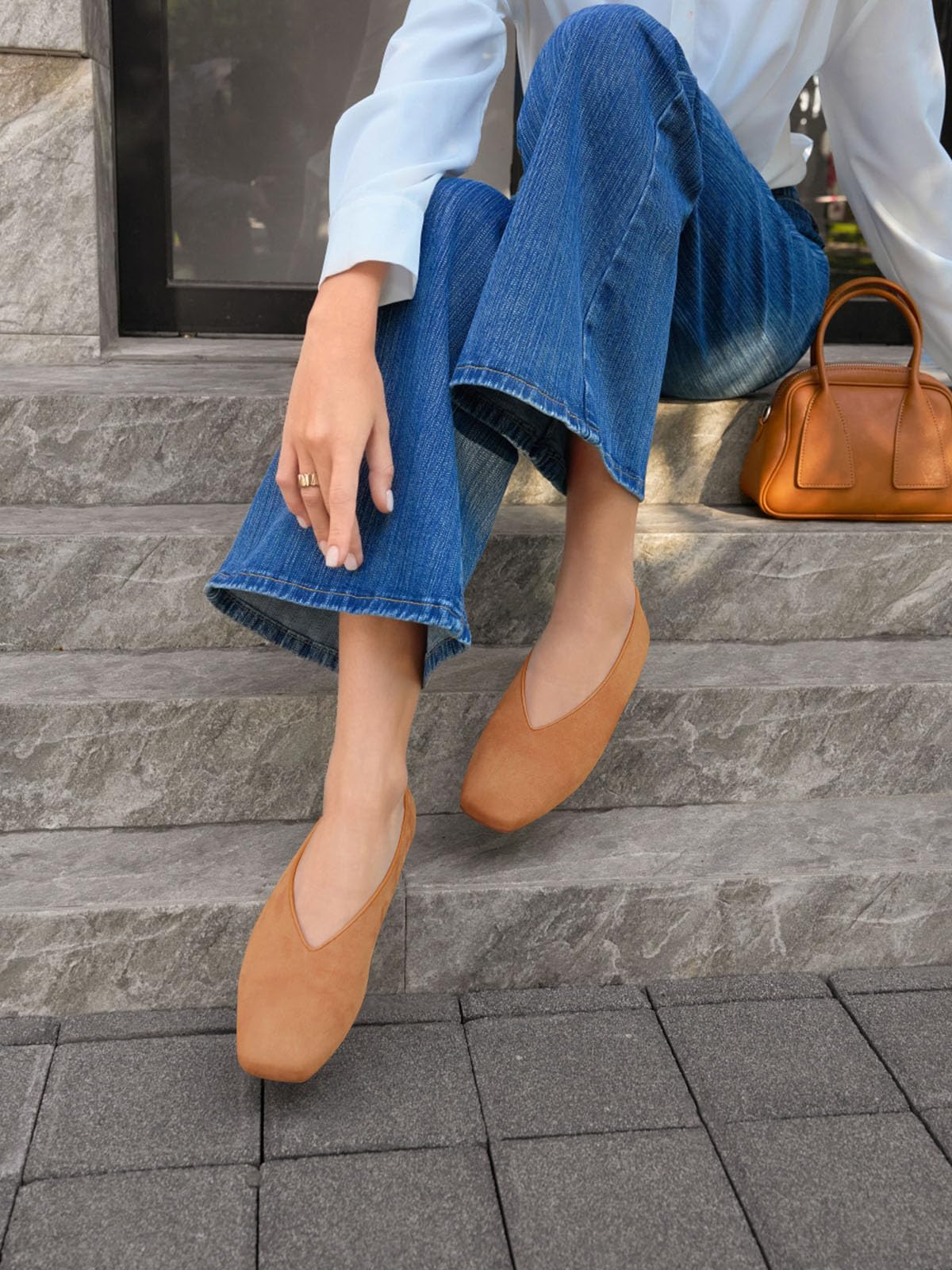 Coutgo Womens Ballet Flats Comfortable Closed Square Toe Flats Slip On Suede Work Dress Shoes