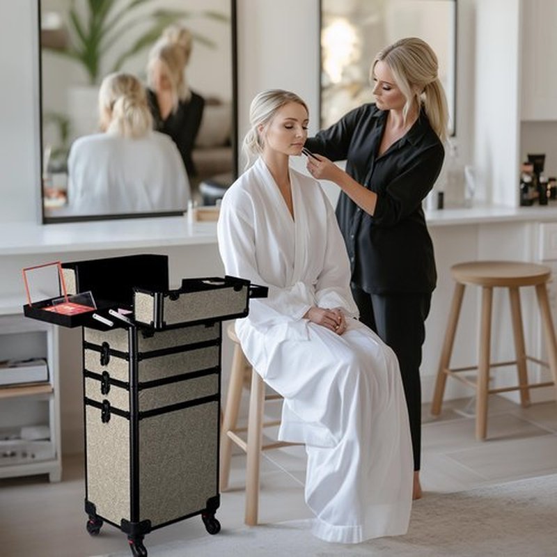 BYOOTIQUE Rolling Makeup Train Case 4in1 Cosmetic Trolley Organizer Travel Case Lockable Salon Barber Case with Wheels for Makeup Artist Trave Nail,Rococo GainsBoro