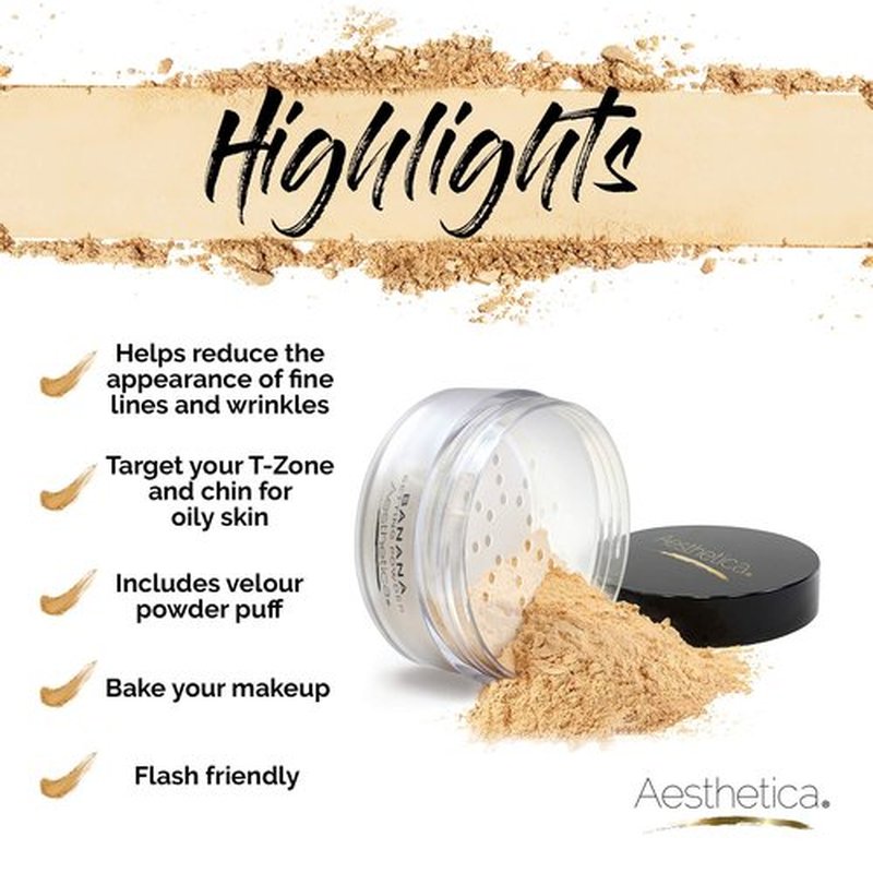 Aesthetica Banana Loose Setting Powder - Flash Friendly Superior Matte Finish Highlighter & Finishing Powder - Includes Velour Puff