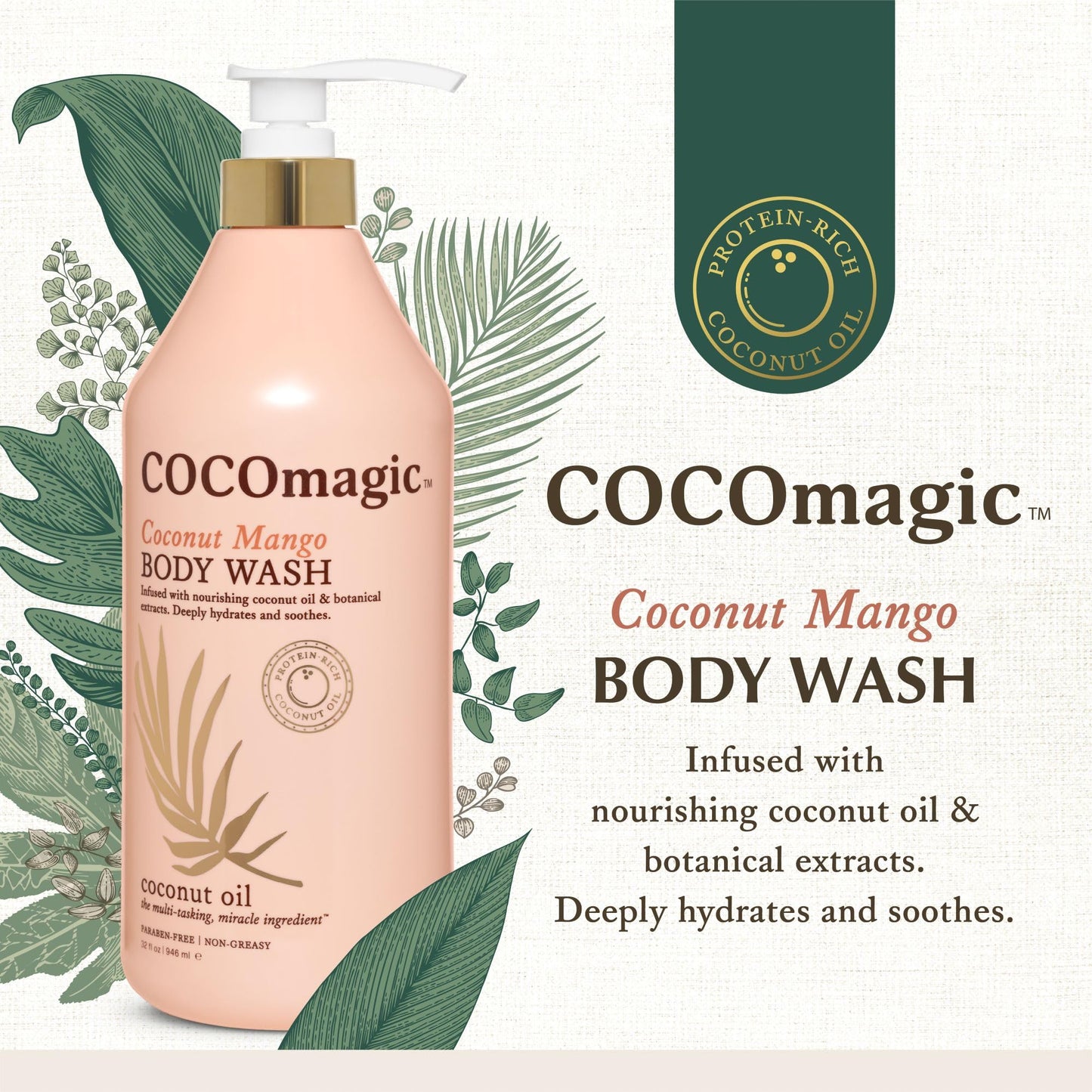 Cocomagic Coconut Mango Body Wash | Hydrating Coconut Oil & Shea Butter | Nourishes, Softens, Gently Cleanses | Paraben Free, Non-Greasy (32 Fl Oz)