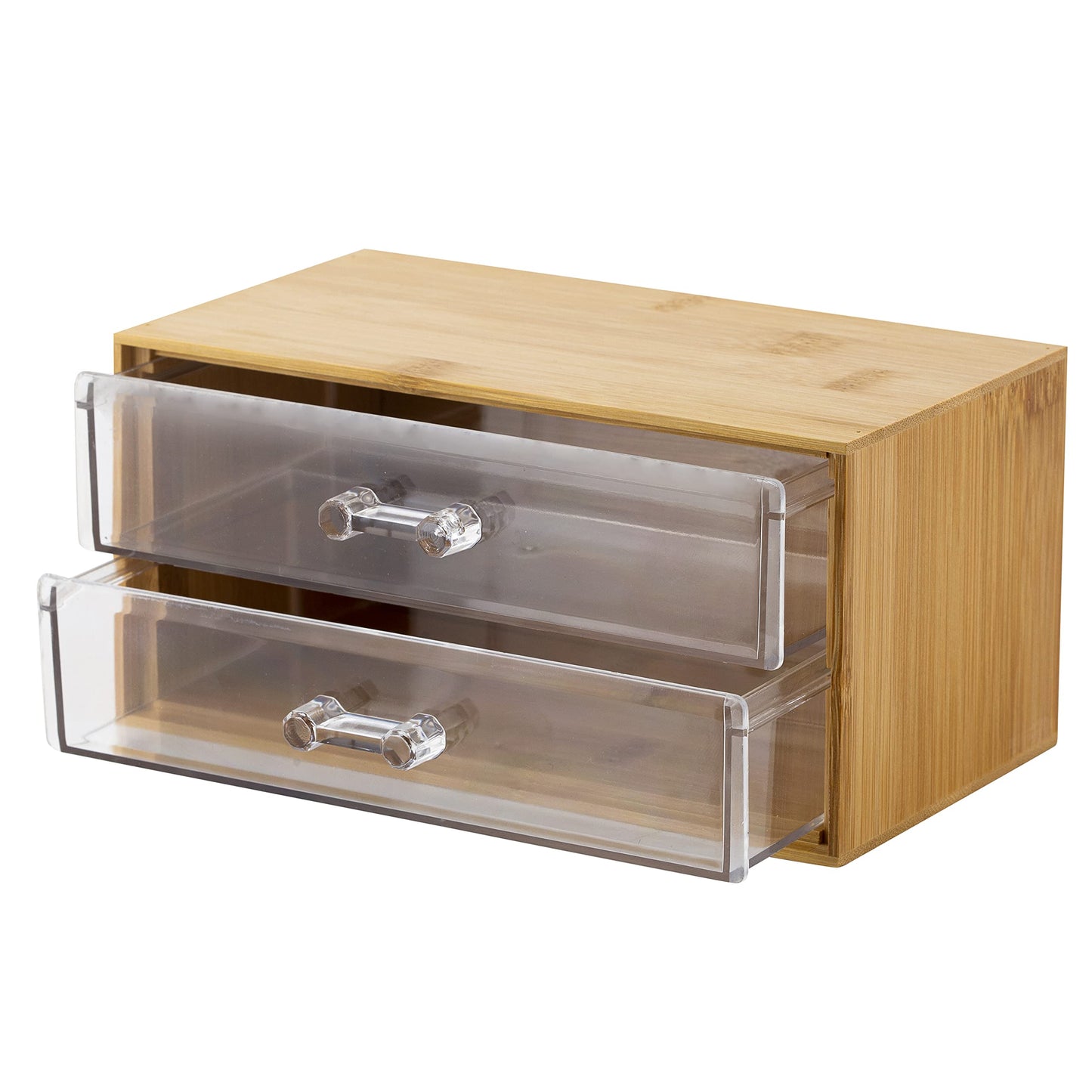 Simplify 2 Tier Cosmetic and Jewelry Holder | Drawer Organizer | Chest | Holds Make Up and Accessories | Bathroom Vanity Countertop & Dresser Storage | Clear & Bamboo